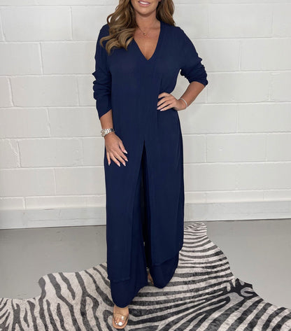 Ensemble féminin simple Haut long et pantalon long uni.